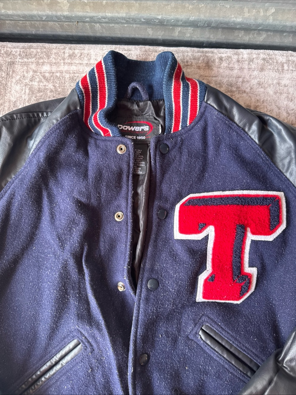 Navy and Black Varsity Jacket with Red 'T' Patch